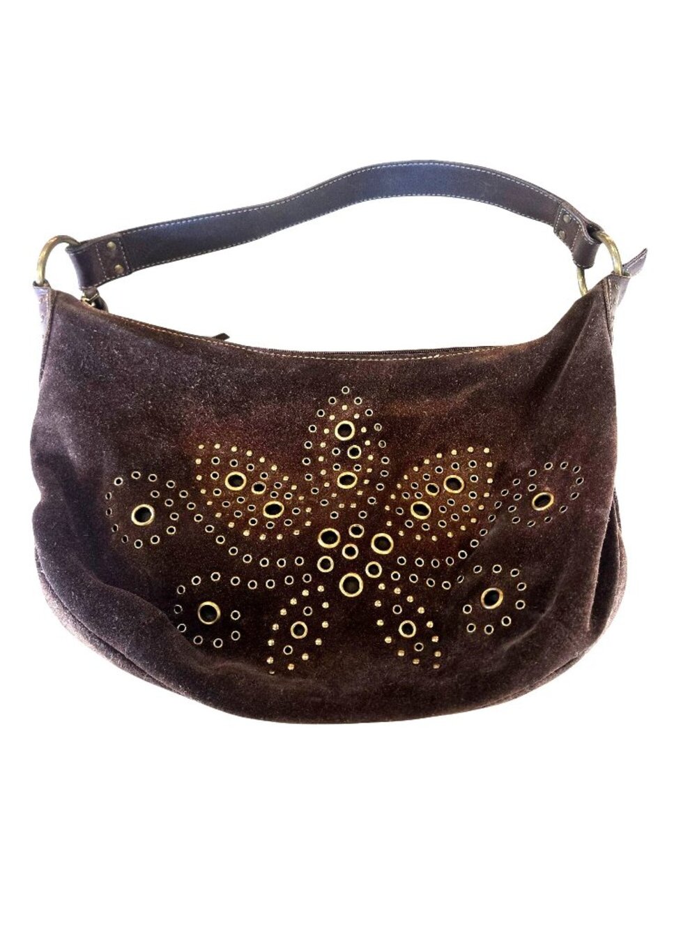 Vintage Y2K Studded Suede Leather Slouchy Hobo Dark Brown Grommet Shoulder Bag
